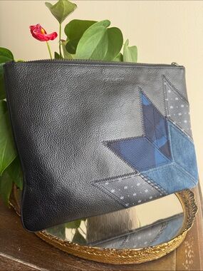 Coach Denim Patchwork Quilt & Black Pebble Leather Clutch 2018 Collectible